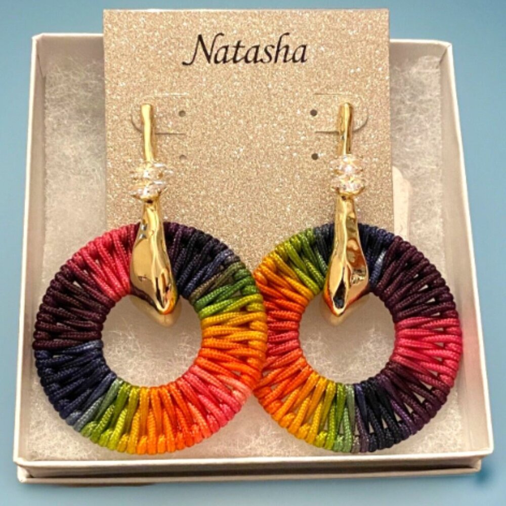 Natasha Colorful Gold and Colorul Straw Dangle Hoop Earrings with Rhinestone